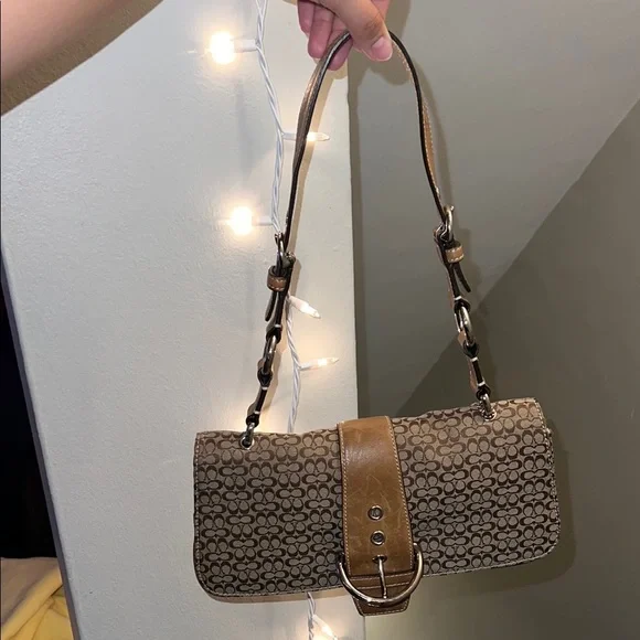 Coach Brown Leather Trim Shoulder Bag with Signature Monogram Soho Flap - Picture 7 of 8